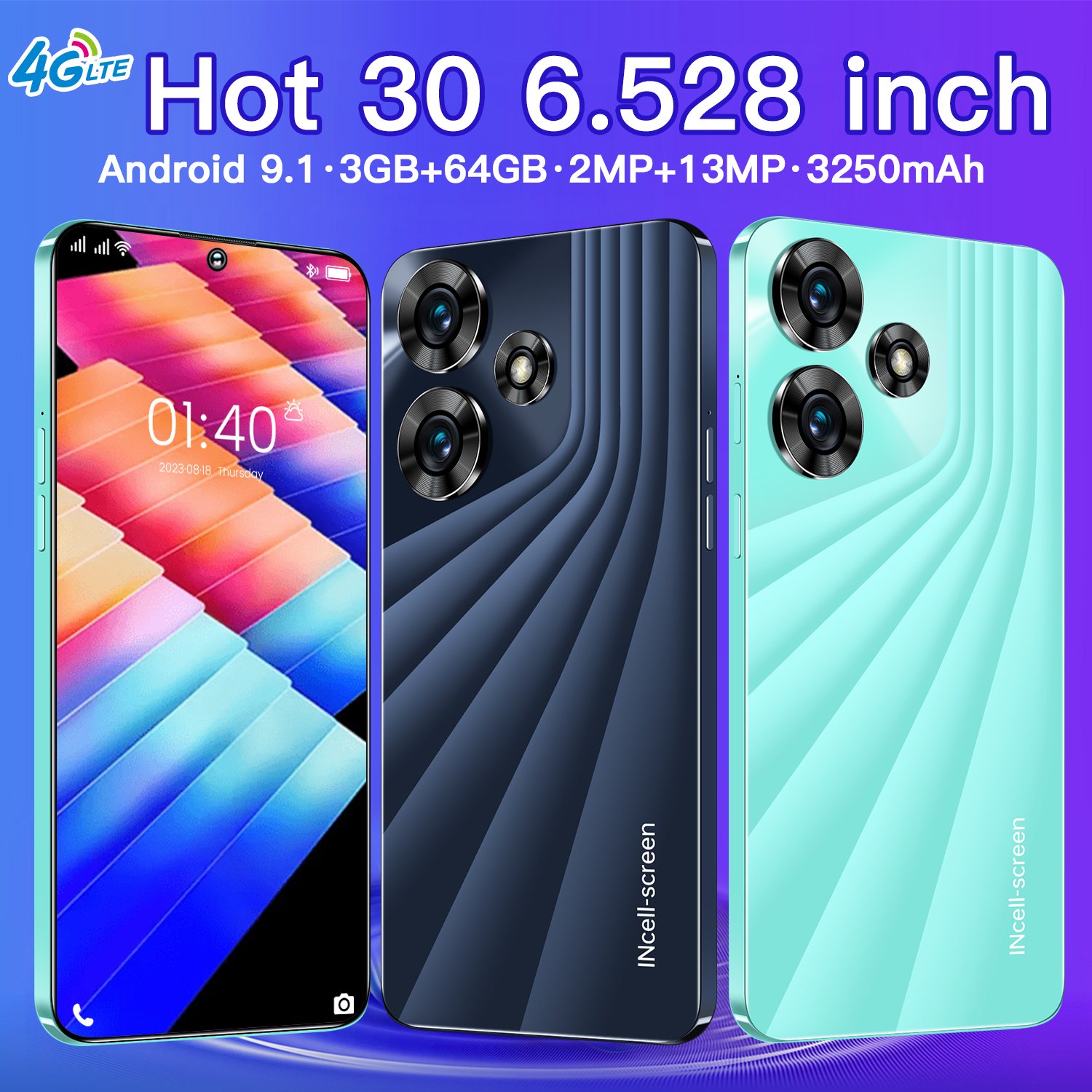 4G Smart Phone 2024 New Original 3GB 64GB 6.5inch Mobile Phone Android9 Celular Telefon Feature Type-c MTK6737 Quad Core Phone